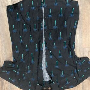 Black Button-Up Shirt with Blue and Green Pattern